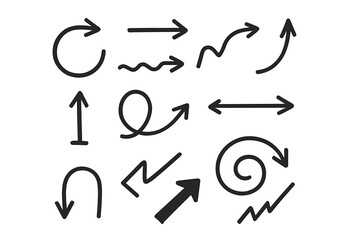 Hand Drawn Arrow Collection Vector Set. Curved, Spiral, Wavy, U-Turn, Upward, Loop, Zigzag, Directional, Doodle Icon Arrows. Sketch Style Navigation, Infographic Elements, Business Growth Concept