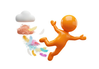 Isolated Orange 3D Character Jumping with Colorful Feathers and Clouds, Lightness and Freedom Concept