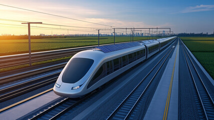 Fototapeta premium Futuristic train solar panel high speed railway countryside sunset eco friendly modern