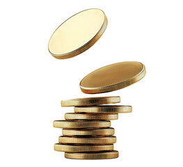 Stack of golden coins with two flying above, isolated on transparent cutout background