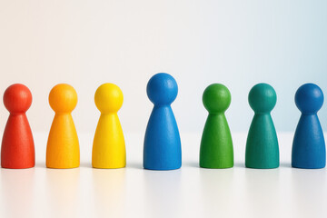 Colorful wooden figurines arranged in line on white surface, symbolizing individuality, teamwork, and community values