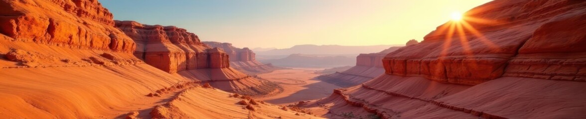 Fototapeta premium Layers of rust and terracotta colored rock formations bathed in sunlight , photography, outdoor, USA