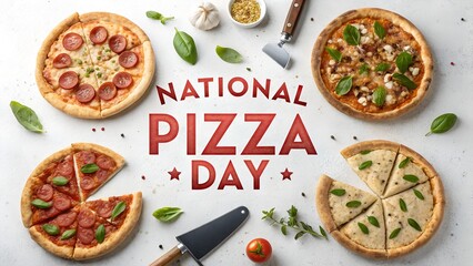 Four delicious pizzas arranged around national pizza day text