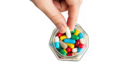 Hand placing a white capsule into a bottle filled with colorful pills for health and wellness isolated on transparent background