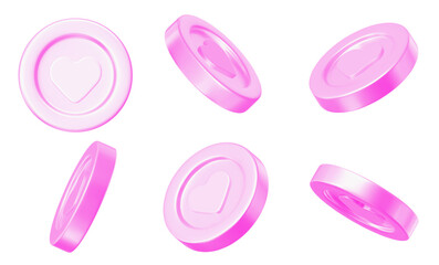 3d set of pink coins with heart, different angles. Stock vector illustration on isolated background.	
