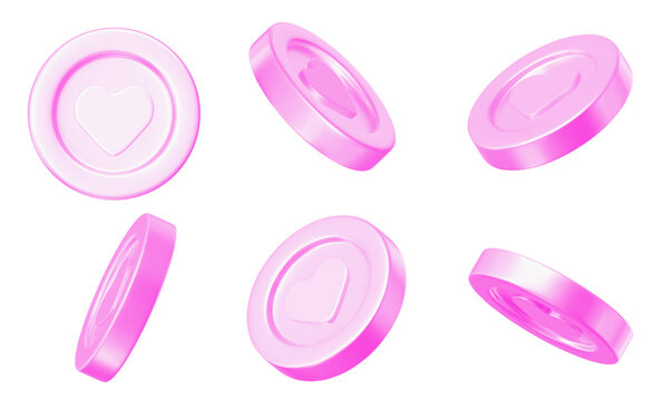 3d set of pink coins with heart, different angles. Stock vector illustration on isolated background.	
