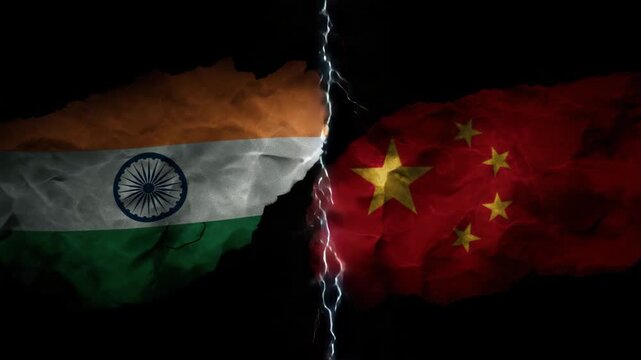 Two flags, one of which is torn in half. Two flags of India and China border merging with visible lightning crack, conceptual symbolic graphic, muted dark with bright accent