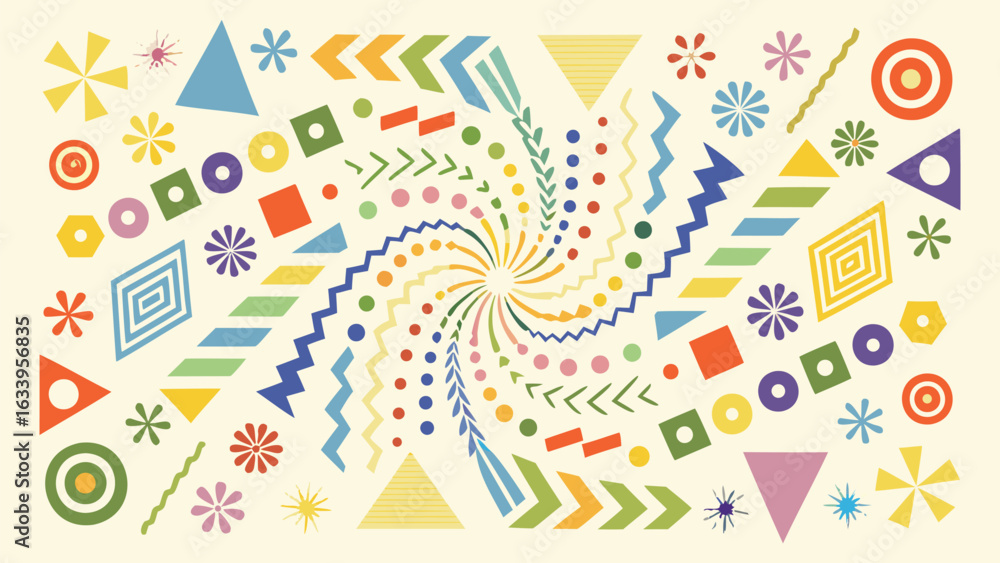 Poster colorful geometric shapes arranged in a spiral pattern on a light beige background design element