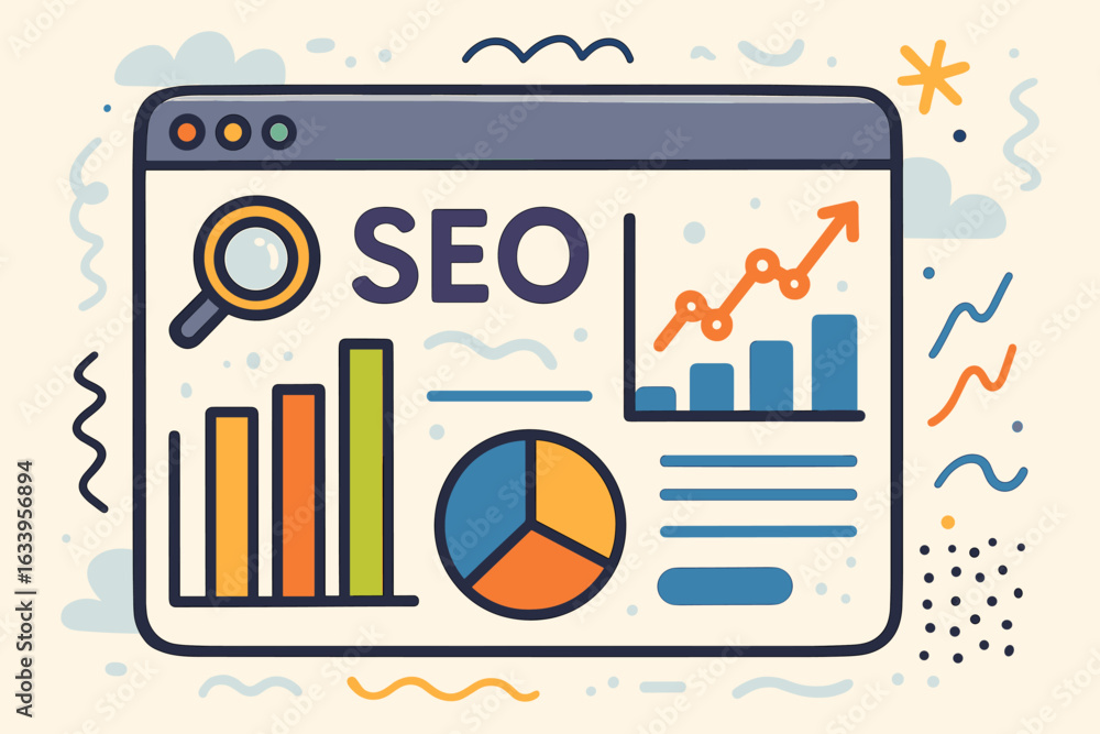 Aufkleber seo analytics dashboard vector illustration, search engine optimization browser window with bar grap