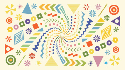 Colorful geometric shapes arranged in a spiral pattern on a light beige background design element