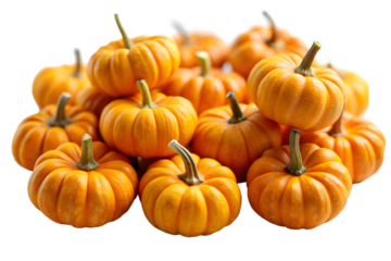 A pile of small, bright orange pumpkins isolated on a transparent background, representing autumn harvest and seasonal food
