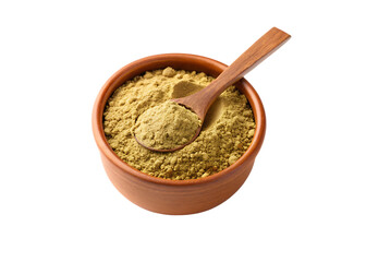 Clay pot filled with herbal powder and wooden spoon isolated on a transparent background ubtan