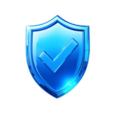 3D Blue shield icon with checkmark symbol in glass style blue tone, white background