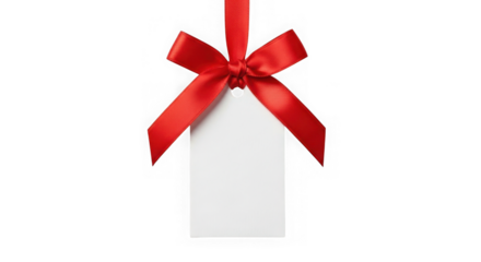A blank white gift tag with a bright red ribbon and bow hangs isolated against a transparent background