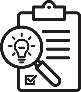 Idea evaluation icon. Paper on clipboard under magnifying glass, Magnifying Glass Analyzing Ideas on Checklist