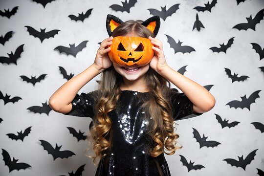 Young girl wearing a pumpkin mask and cat ears for halloween fun