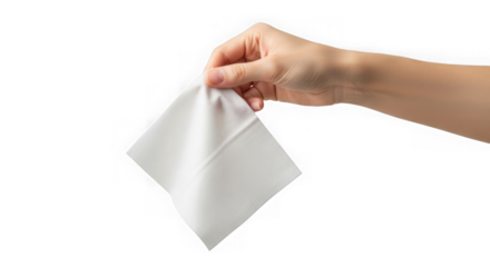 A womans hand is holding a clean white tissue for hygiene and personal care on an isolated background isolated on transparent background