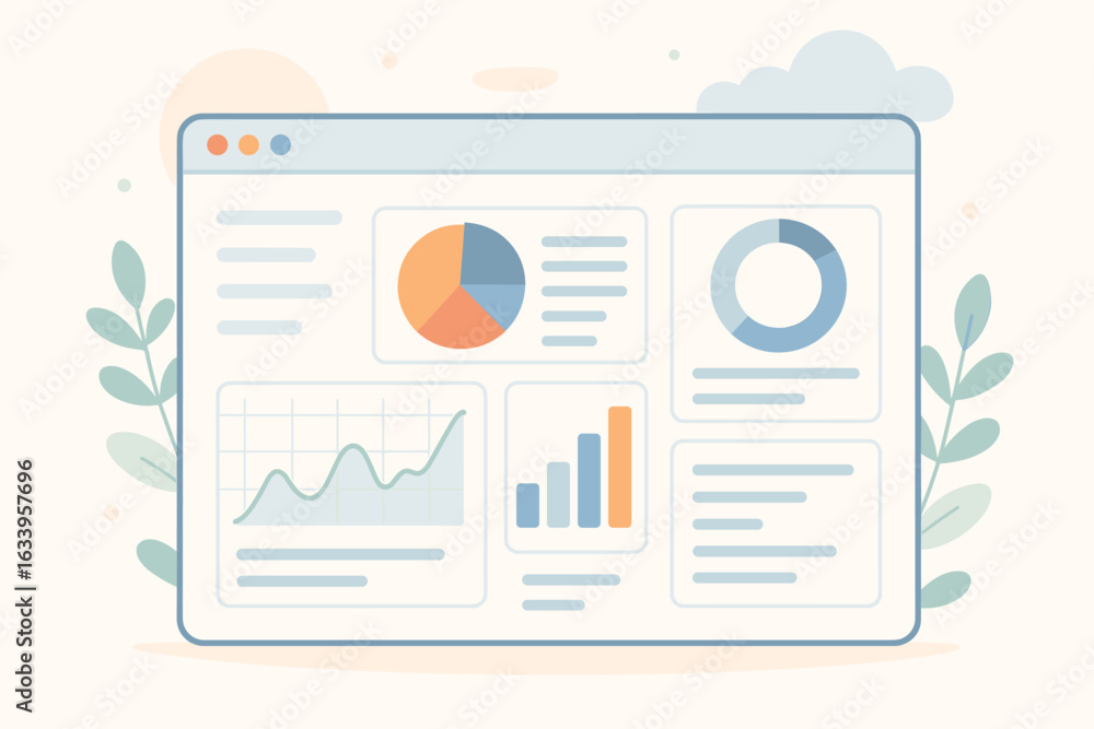 Poster data analytics dashboard vector, online software interface with pie chart, graph, bar diagram, donut