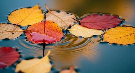 Autumn leaves floating serenely on a still water surface, showcasing vibrant fall colors. The leaves gently drift with the current, creating a peaceful and reflective scene