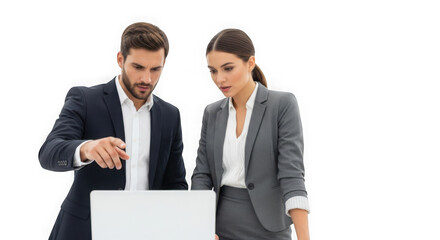 Business people working together on a project using a laptop in the office to achieve success isolated on transparent background