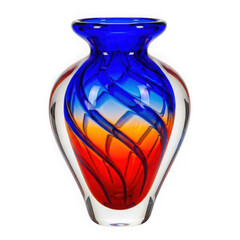 Elegant glass vase with a captivating swirl design in vibrant shades of blue orange and red isolated on transparent background