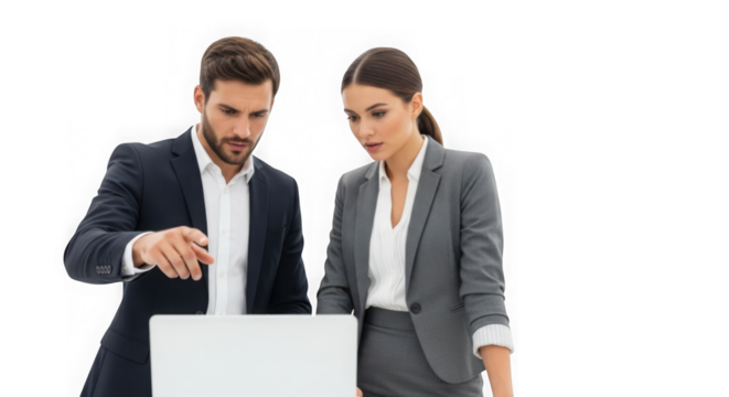 Business people working together on a project using a laptop in the office to achieve success isolated on transparent background