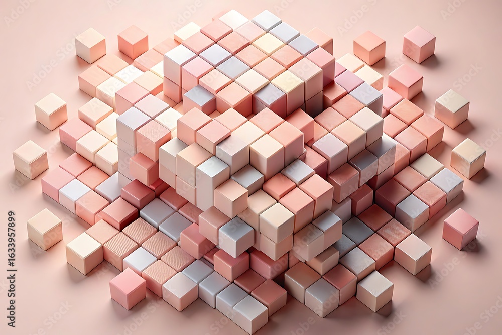 Poster abstract arrangement of pastel colored cube blocks forming a complex geometric structure