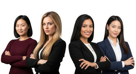 Diverse group of confident businesswomen standing together with arms crossed in a studio setting against a transparent background