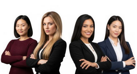 Diverse group of confident businesswomen standing together with arms crossed in a studio setting against a transparent background