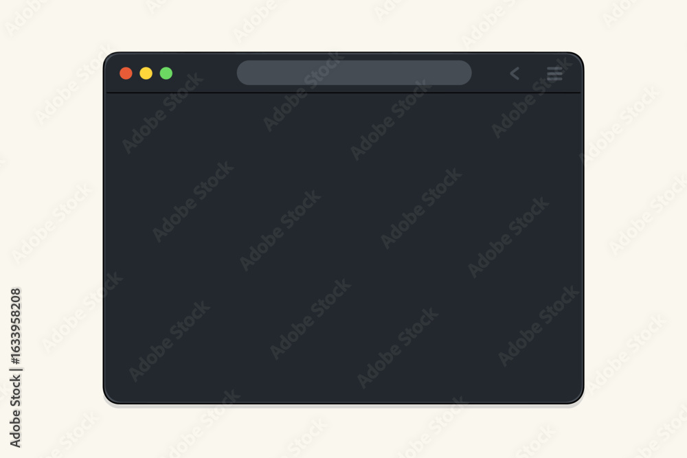 Poster modern dark mode browser window vector, unbranded web interface mockup, flat minimalist ui, cartoon 