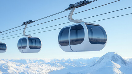 Futuristic gondola lift system with sleek design glides above snowy mountain landscape