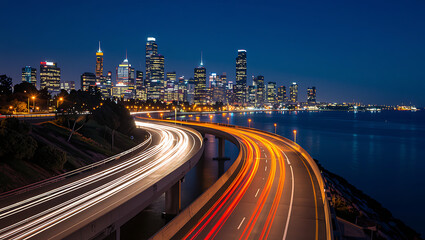 Obraz premium Cityscape with highway traffic light trails at dusk