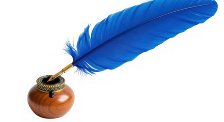 A blue feather quill in a wooden inkwell on a transparent background is a classic writing tool