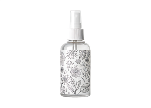 Clear glass spray bottle with floral illustration isolated on a transparent background mist