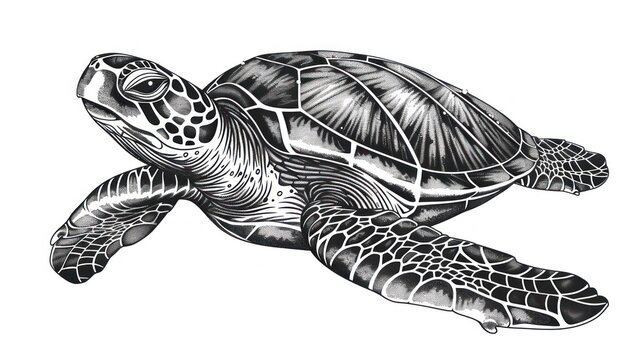 Detailed black and white illustration of a sea turtle.  The turtle is depicted in a  naturalistic pose