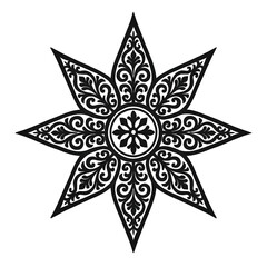 Obraz premium Intricate eight-pointed star motif with ornate floral scrollwork and a central snowflake-like pattern, rendered in dark grey.