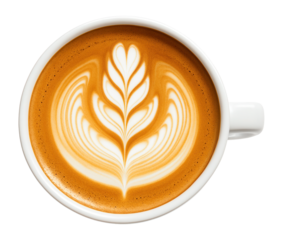 Overhead view of a cup of cappuccino with intricate latte art in the shape of a leaf on transparent background.