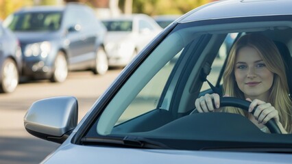 A confident young woman sits behind the wheel of her car, smiling while driving