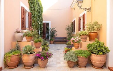Lush greenery adorns a sunlit european courtyard pathway