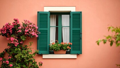 An old wooden window decorated with vibrant flowers in pots on a colorful facade of a house in Burano, Italy