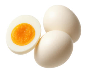 A whole hard-boiled egg is shown alongside a cut egg revealing its yellow yolk, on transparent background.