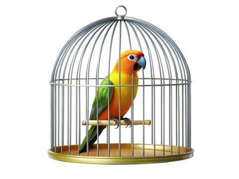 Colorful parrot perched inside silver bird cage isolated on a transparent background gold