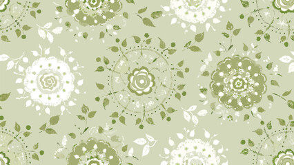 Floral pattern with roses and leaves in shades of green and white on a light green background