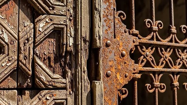 Close-up of weathered wooden door with peeling paint and rusty ornate metal gate