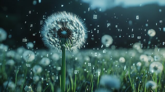A magical dandelion field dreams carried on shimmering digital seeds of hope floating into tomorrow s sky enhanced with