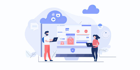 Flat minimalist vector illustration of two developers working on laptops connected to a cloud-based online shopping platform with security and media icons on large digital screen