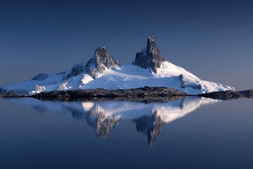 Snow-capped mountain peaks reflected in a calm lake
