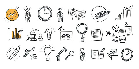 Hand drawn business office icons set with charts, light bulbs, people, documents, clock, and pen sketches in minimalist style for teamwork and strategy concepts