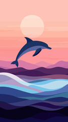 Minimalist dolphin silhouette jumping over stylized ocean waves during sunset with layered mountain landscape background in soft pastel colors vector illustration
