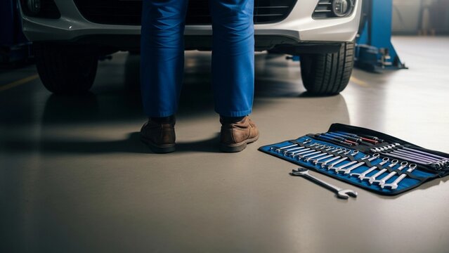 Car mechanic standing near an open tool kit in a car repair workshop - Powered by Adobe
